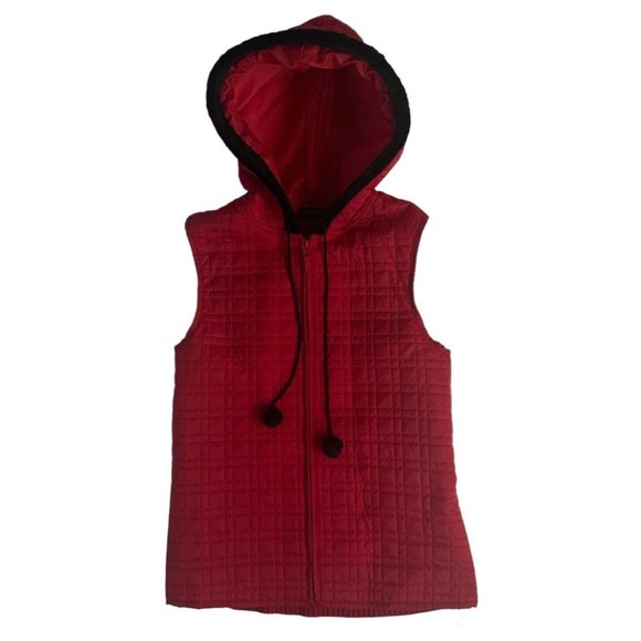 For Cynthia Jackets & Blazers - For Cynthia Quilted Red Vest With Knit Back And Black Faux Fur Trim Hood Size L